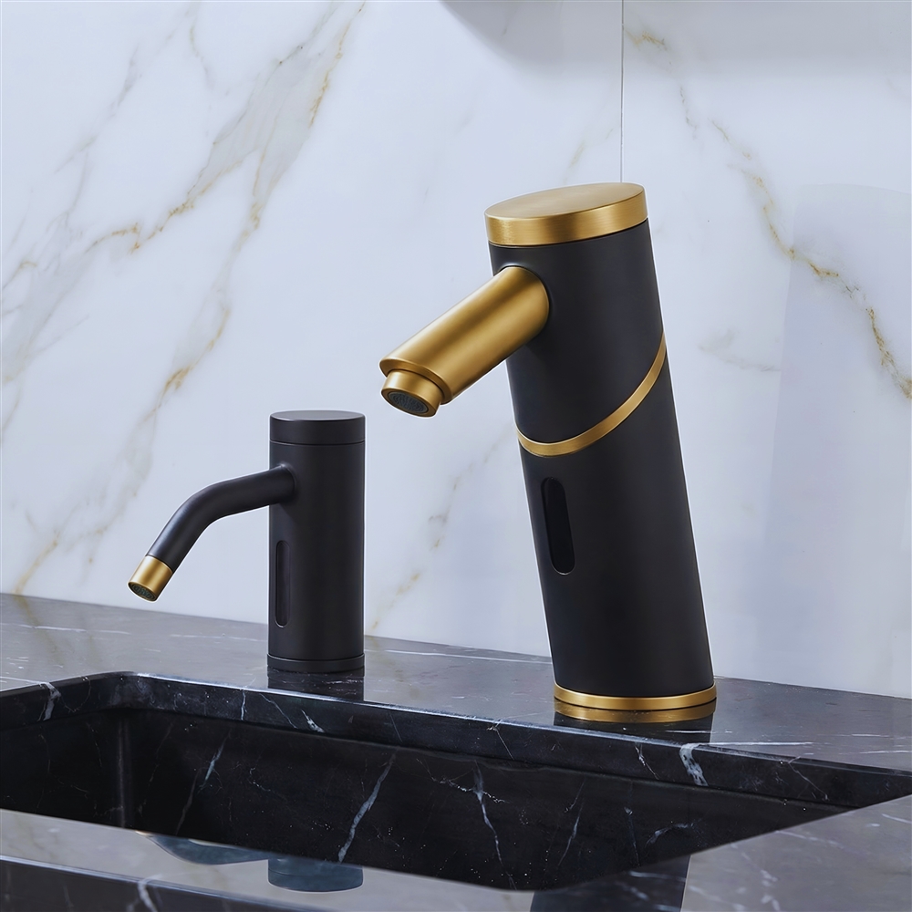 Commercial office washroom featuring deck mounted touchless faucet and soap dispenser